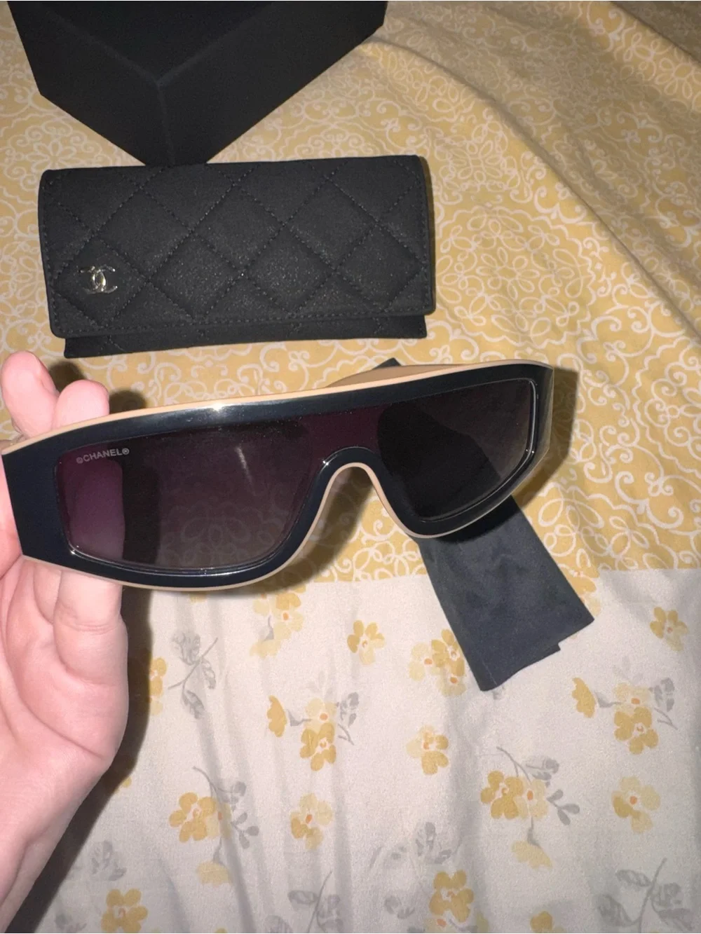 CHANEL Shield Sunglasses in Black and Beige with Gradient Gray Lenses